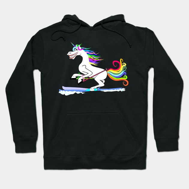 Unicorn funny skiing through the snow with colorful mane and tail Hoodie by FancyTeeDesigns